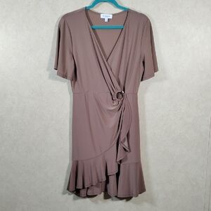 H165 Gilli tan S/S mock wrap knit dress M